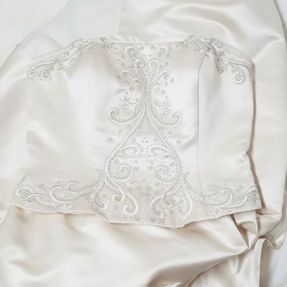 Oleg Cassini Rum Satin Strapless A-line Hand Beaded Organza Train Wedding Dress - Picture 4 of 16